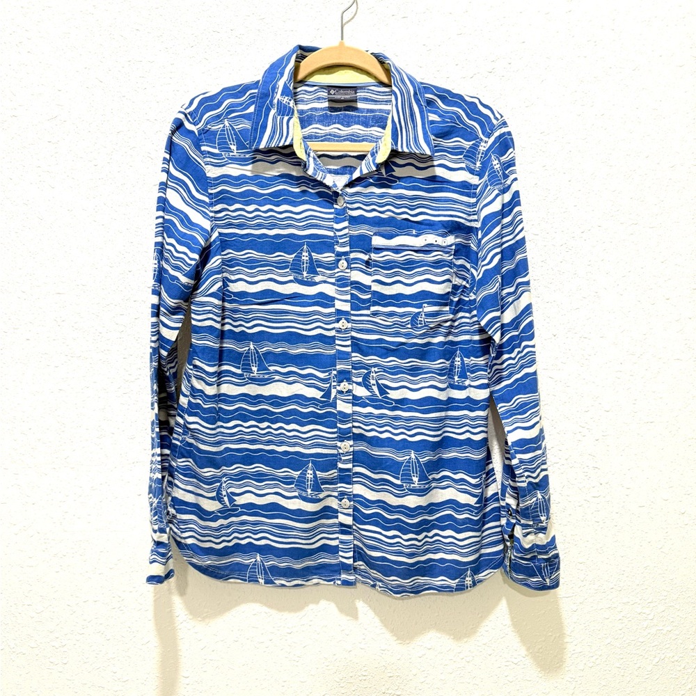 Columbia linen cotton blend PFG Blue and White Wave Pattern Shirt M